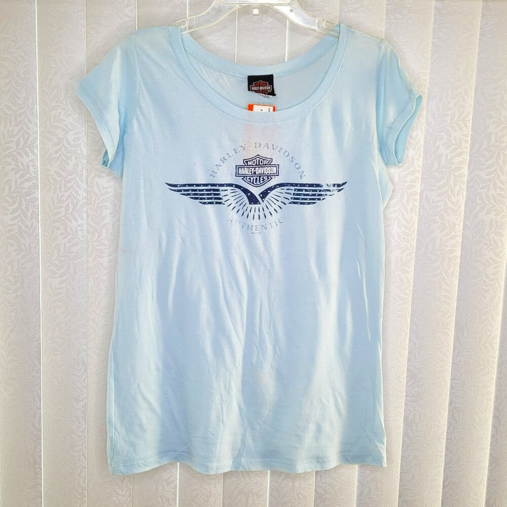 Harley-Davidson Light Blue Graphic Tee with Blue Rhinestones – Size XL (NWT)